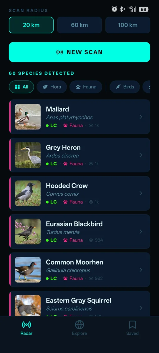 Risultati di scansione in BioRadar con 60 specie rilevate, filtri All/Flora/Fauna/Birds, ed elenco di specie con foto, nome comune, nome scientifico e sigla di conservazione