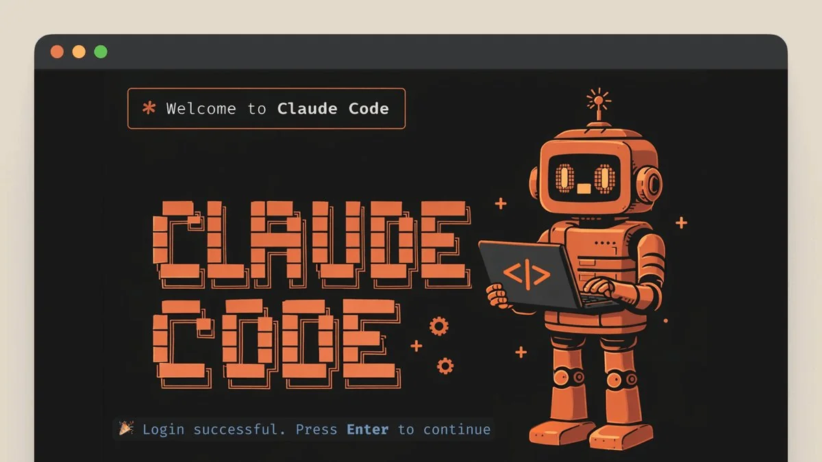 Schermata di benvenuto di Claude Code: in un terminale scuro la scritta CLAUDE CODE in pixel-art arancione, la mascotte robot con un laptop e il messaggio 'Login successful. Press Enter to continue'