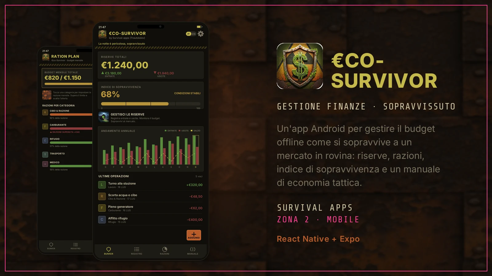 Due telefoni con l'app EcoSurvivor accanto all'emblema a scudo con il simbolo del dollaro: a schermo la dashboard Bunker con le riserve totali e il grafico annuale, e il piano razioni