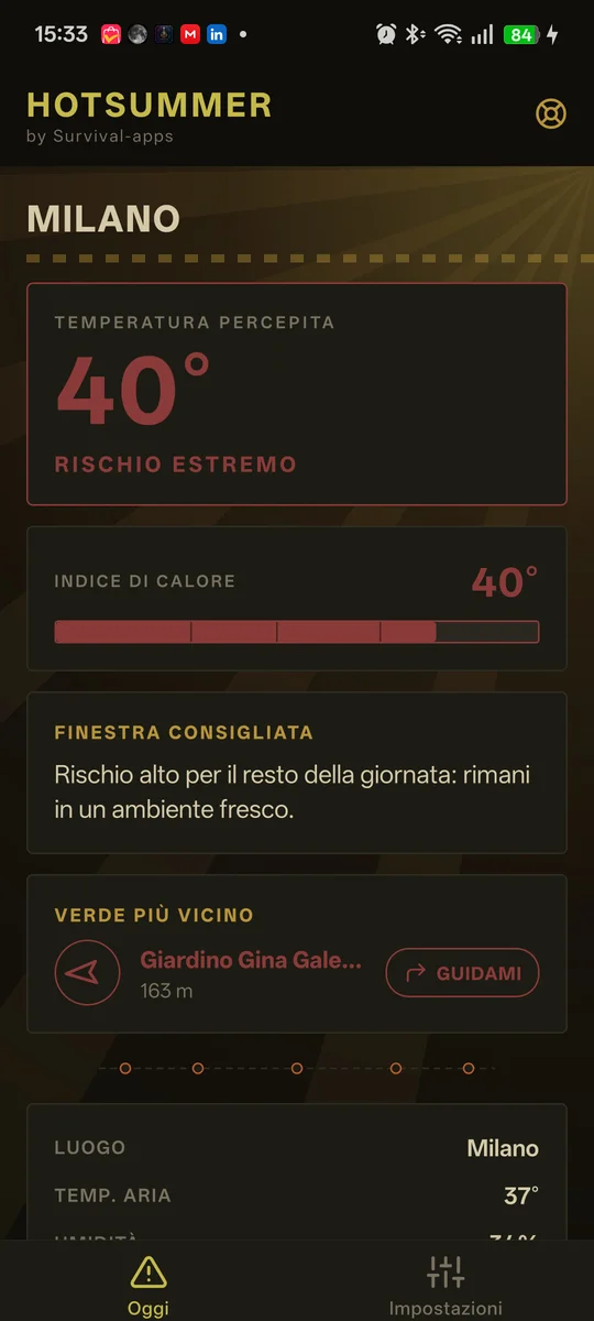Schermata Home di HotSummer con rischio estremo, temperatura percepita 40 gradi, finestra oraria consigliata e card del parco verde più vicino con freccia direzionale