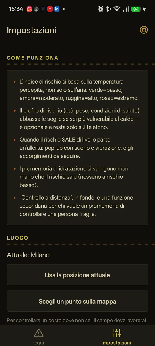 Schermata Impostazioni di HotSummer con il profilo di rischio opzionale (età, peso e altezza, attività all'aperto, condizioni di salute) e la spiegazione di come funziona il calcolo