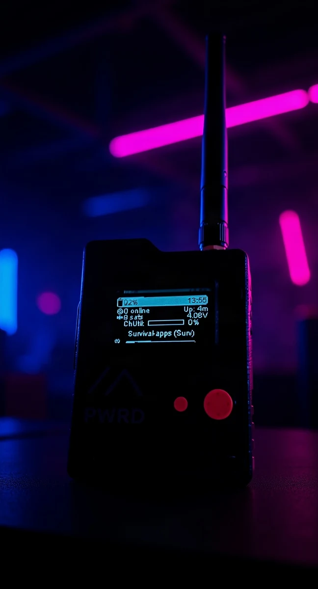dispositivo radio LoRa portatile nero con antenna, schermo acceso, illuminato da luci al neon ciano e magenta in un ambiente buio